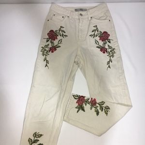TOP SHOP HIGH WAISTED EMBROIDERED MOTO MOM JEANS